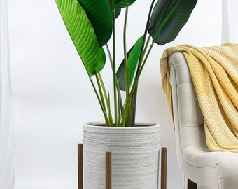 Large Plant Stand with Pot - Mid century modern planter - Wood Plant Stand - Gray Pot- Mid Century Modern Indoor Plant Pot