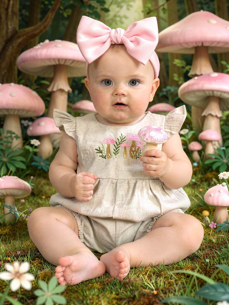 Linen Baby Bubble Romper, Mushroom Embroidery, Organic Easter Outfit