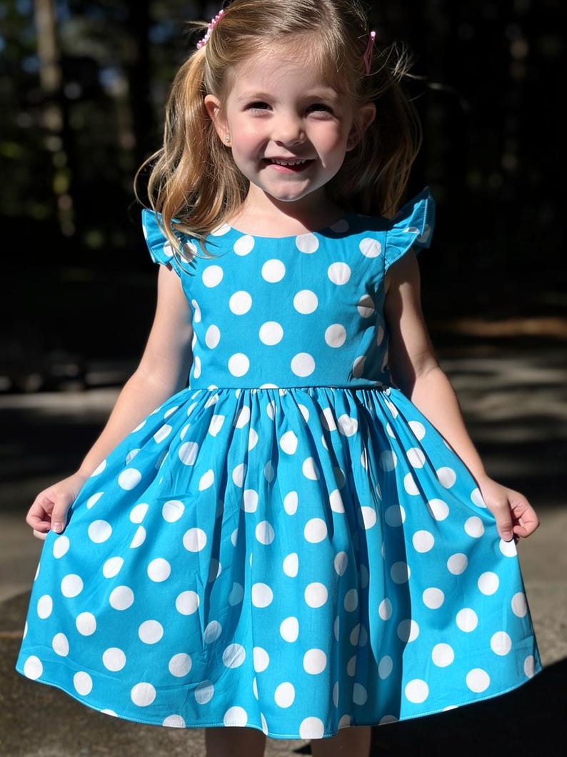 Teal Polka Dot Girls Dress, Handmade Cotton Twirl Skirt
