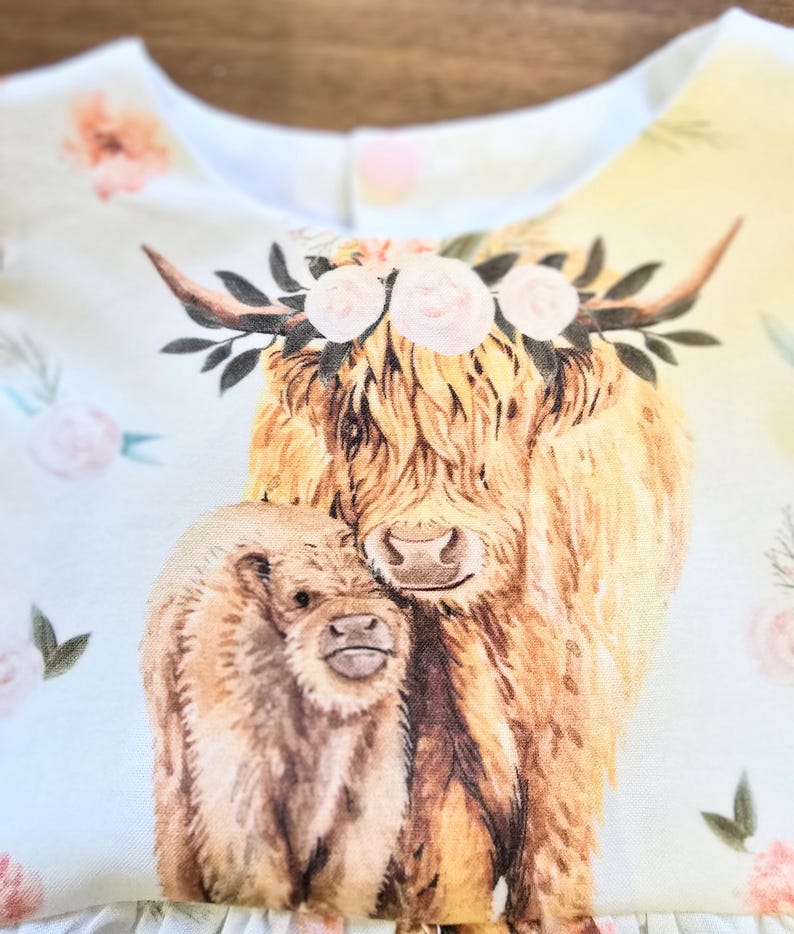 Handmade Highland Cow Baby Romper, Floral Bodice