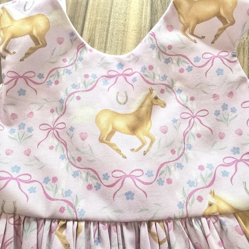 Pink Pony Party Dress, Horseshoes, Ribbons, Handmade Cotton
