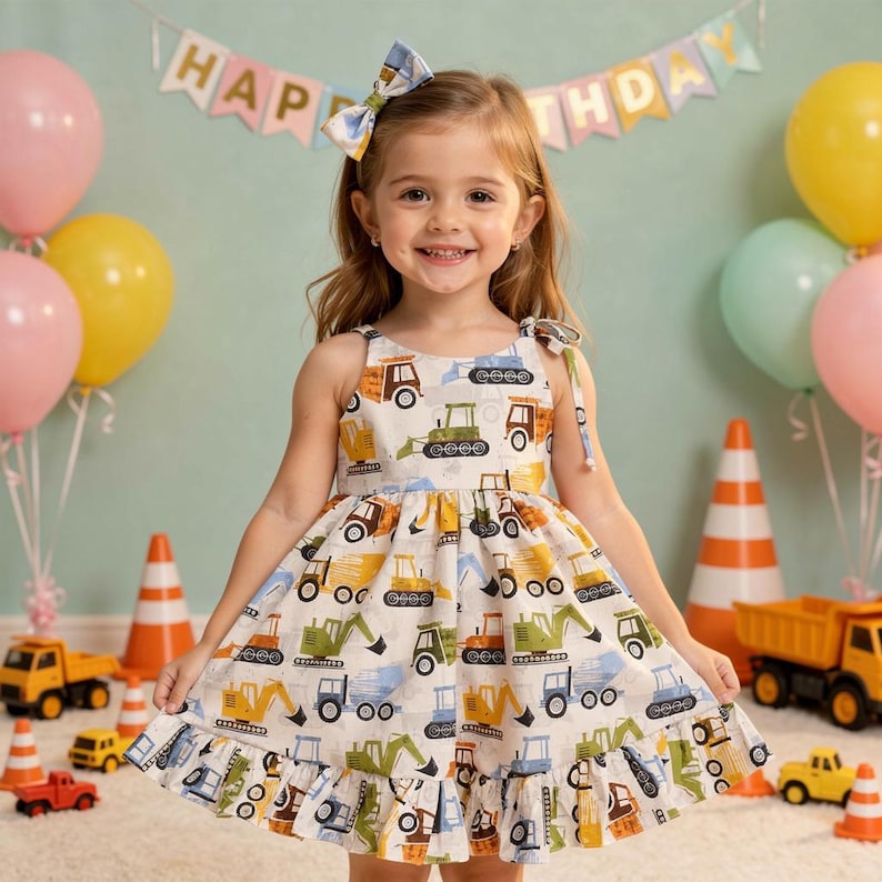 Construction trucks dress for girls, construction outfit girly, dump truck dress, bulldozer dress, construction site dress girly