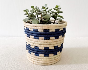 African Storage Basket: Gihanga // Rwanda Planter Basket // Raffia & Sweetgrass // Natural, Blue