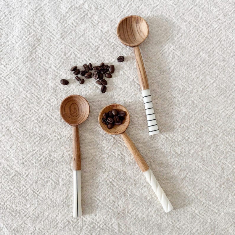 Hand-Carved Olive Wood Coffee Spoon: African Bone Handle