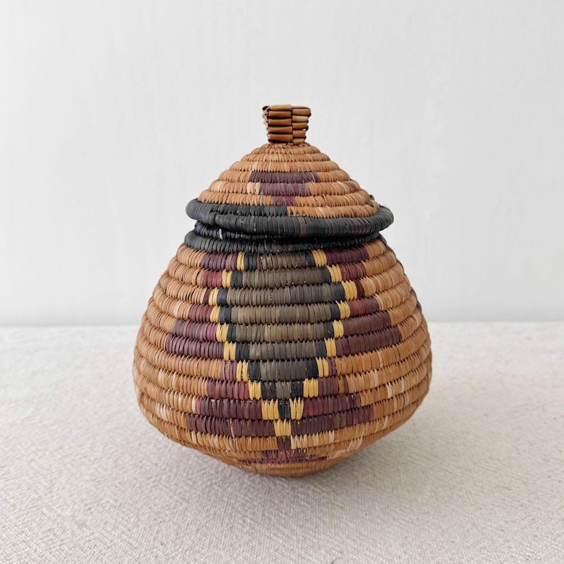 African Zulu Basket // Lidded Palm Basket // Woven in South Africa // F003