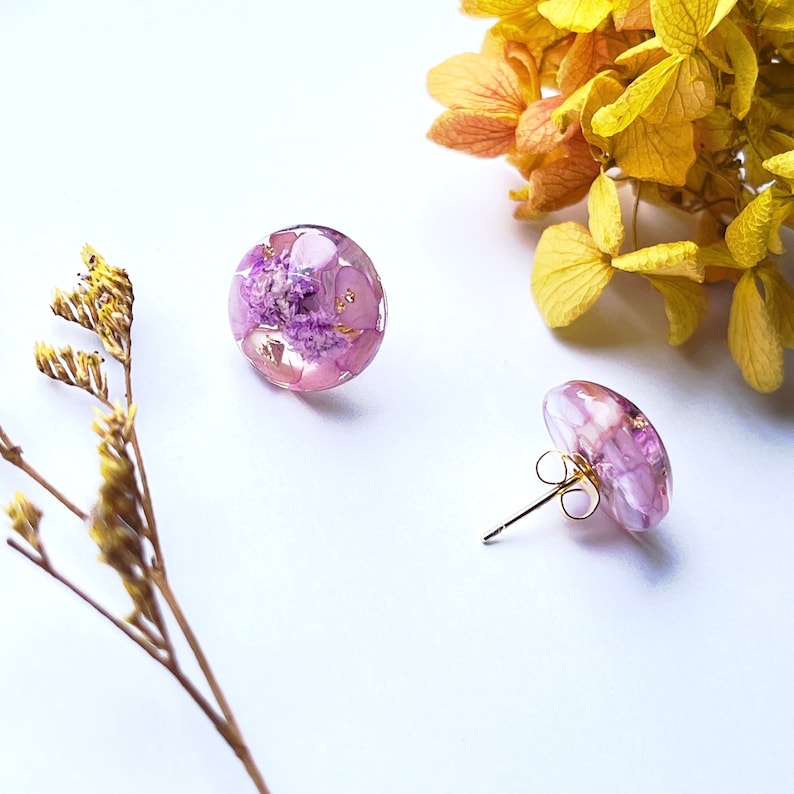 Lilac Handmade Pressed Flower Stud Earrings: Pastel Purple Resin Jewelry