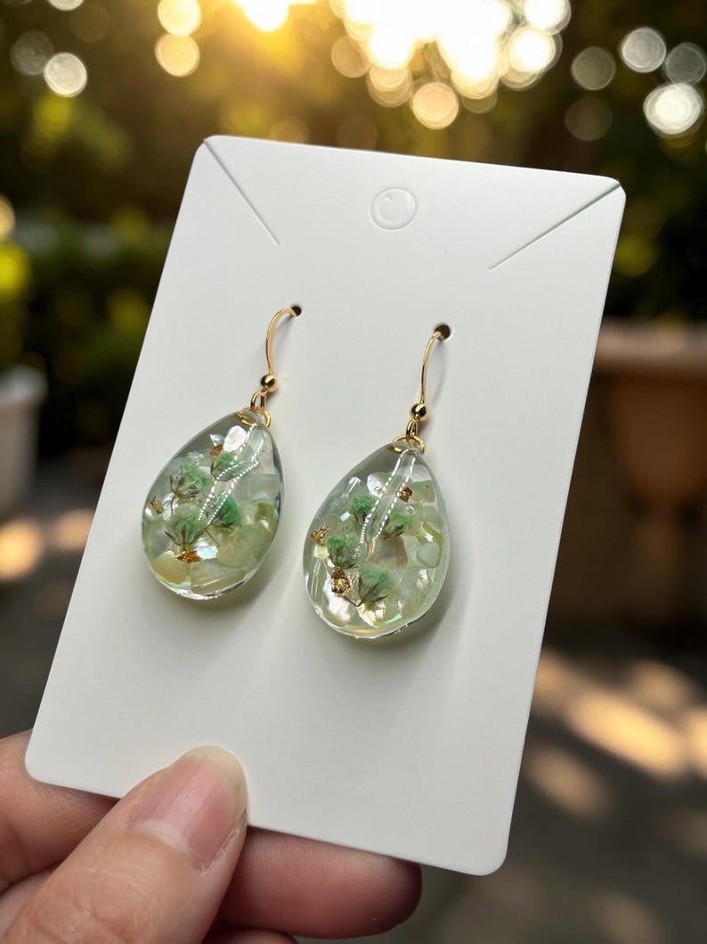 Teardrop Resin Earrings: Pressed Baby's Breath Flower Dangle