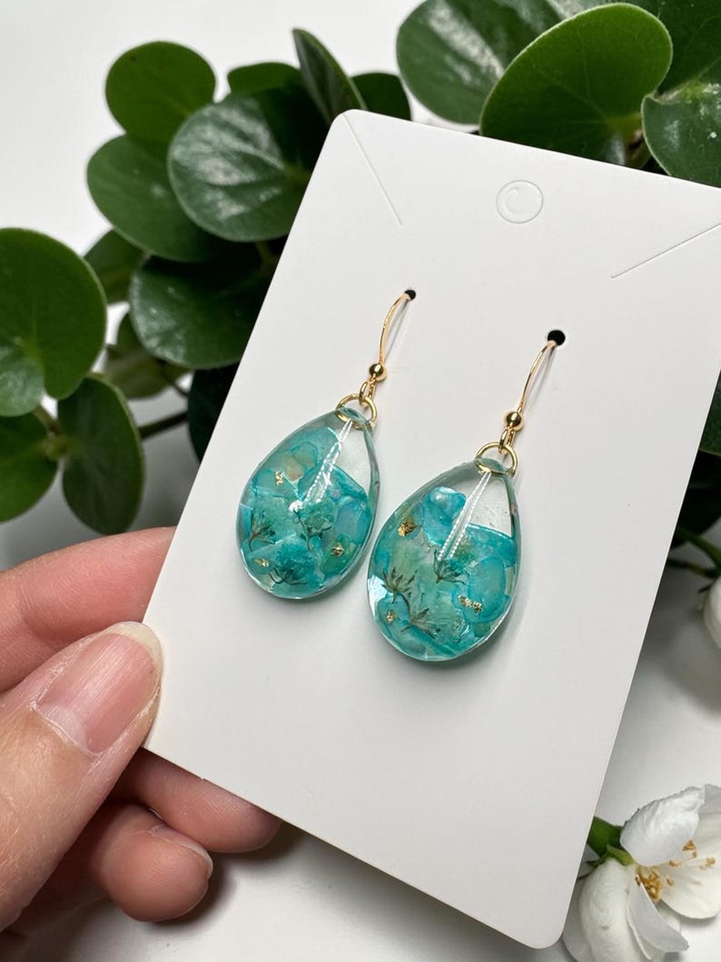 Handmade Pressed Flower Earrings: 14k Plated Resin Floral Dangle