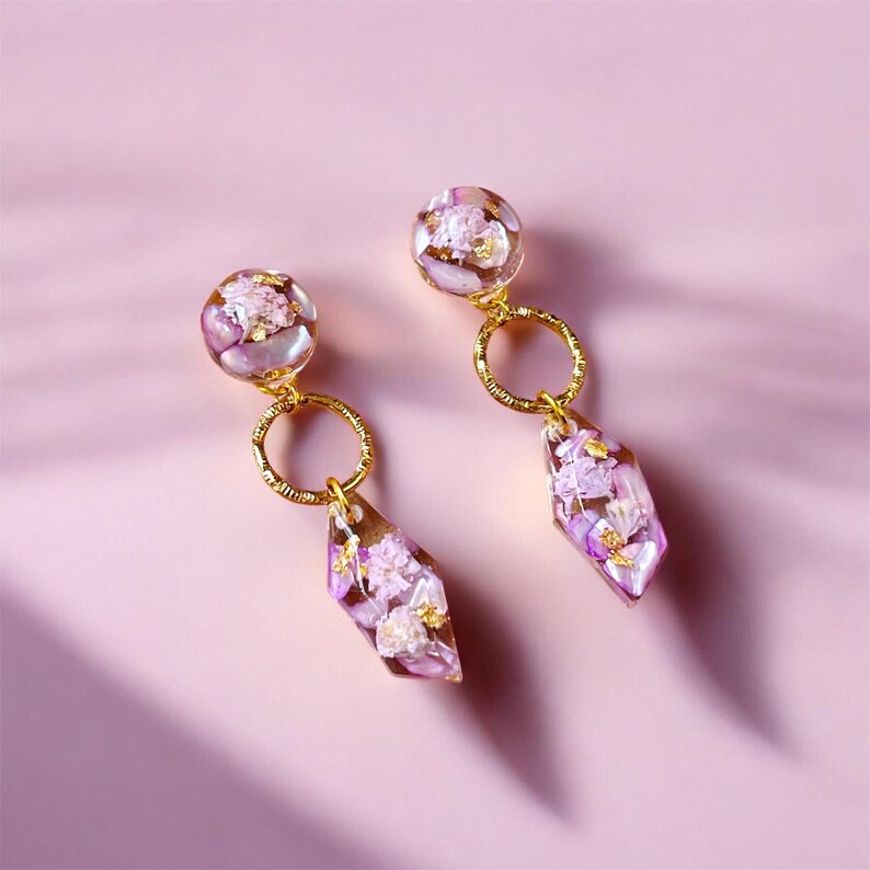 Purple Dried Flower Resin Dangle Earrings – 14k Gold Plated Botanical Nature Jewelry