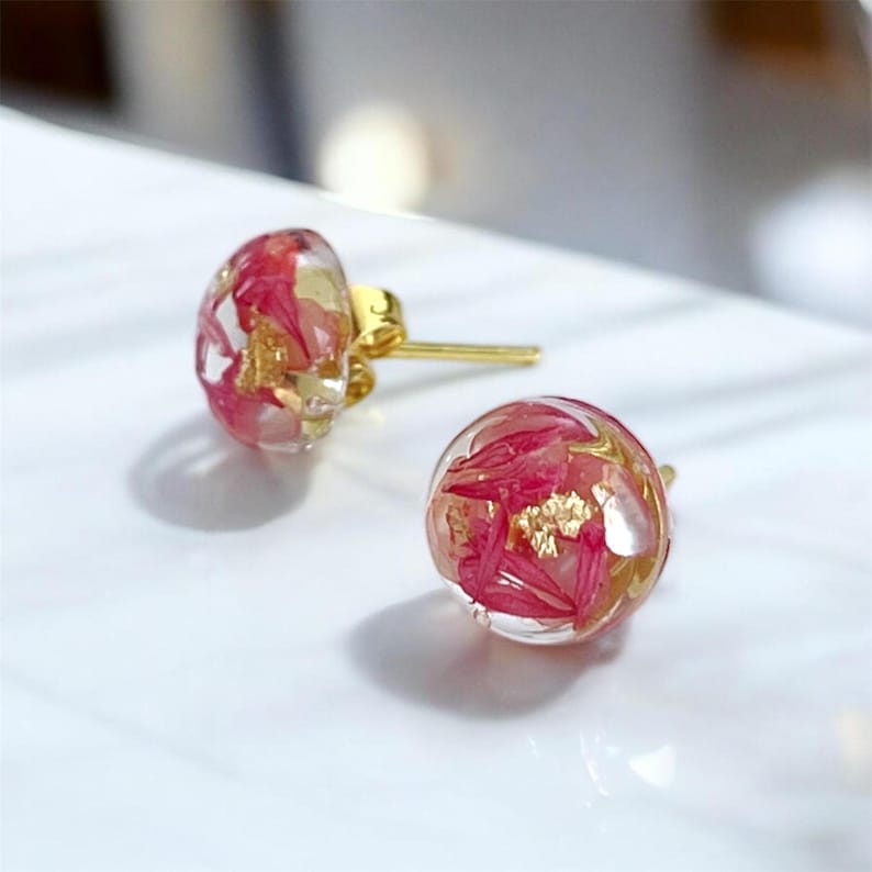Handmade Resin Stud Earrings: Magenta Gypsophila with Gold Flakes