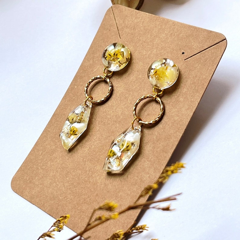 Handmade Pressed Flower Dangle Earrings: 14k Gold Plated Resin Jewelry