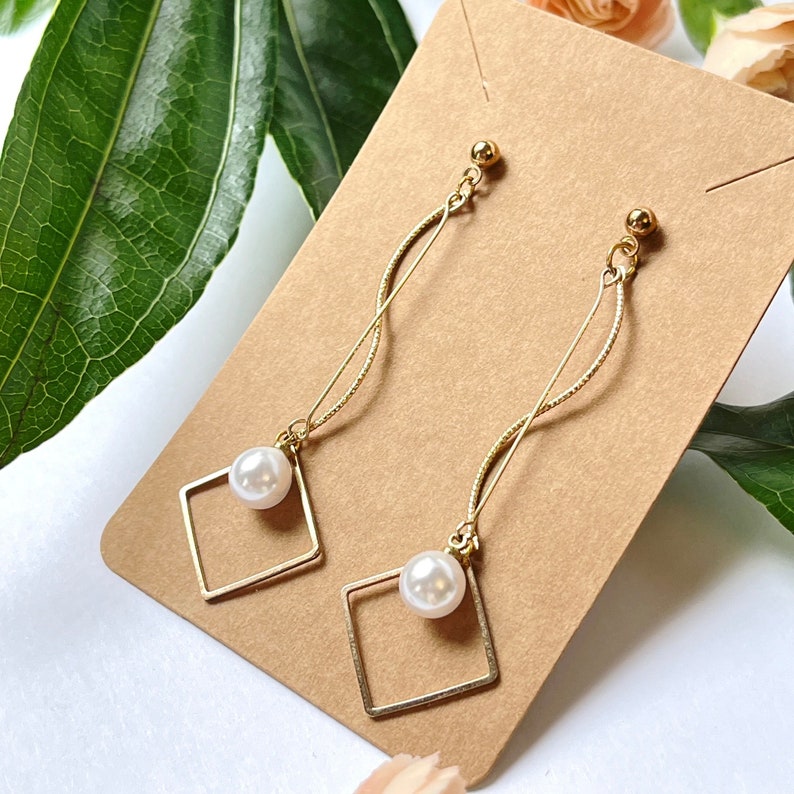 Handmade Gold Square Pearl Drop Earrings: Dainty Dangle Jewelry