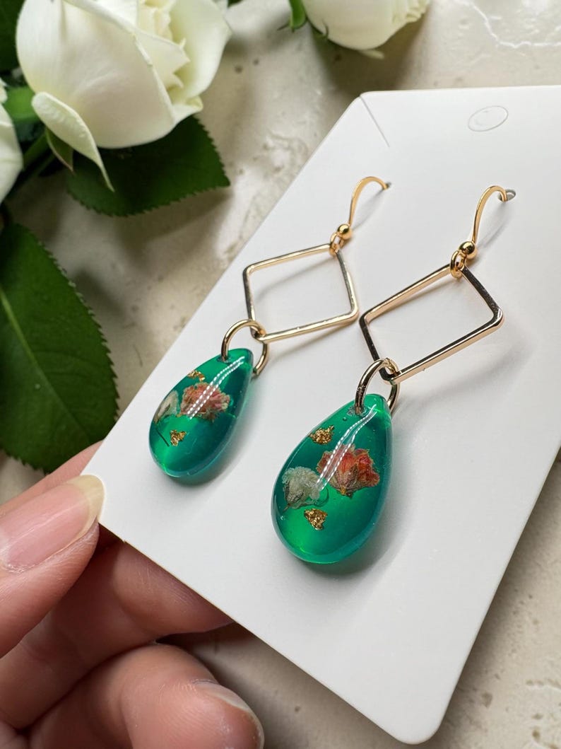 Green 14k gold plated floral earrings with geometric frame | Handmade tiered botanical Earrings | Long Statement Earrings