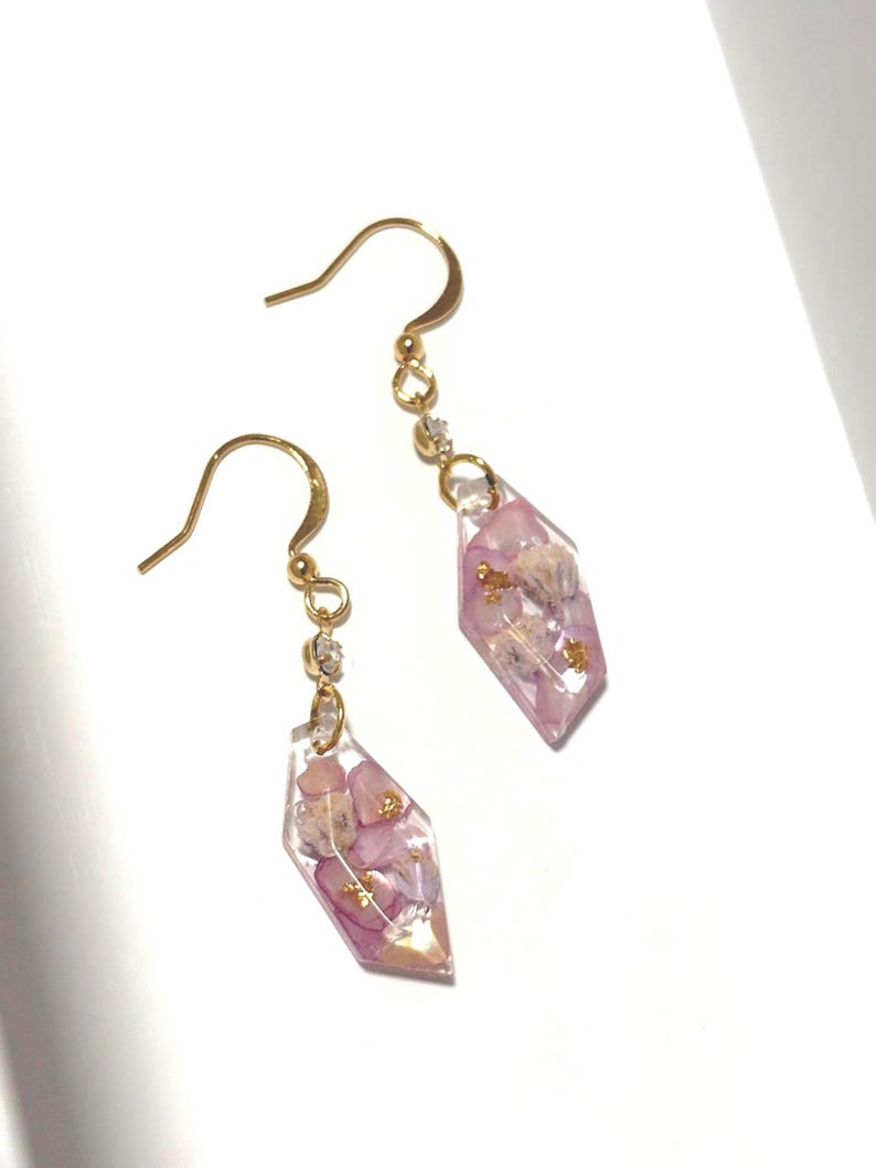 Purple Dried Flower Resin Earrings, 14k Gold Plated Hooks, Botanical Jewelry