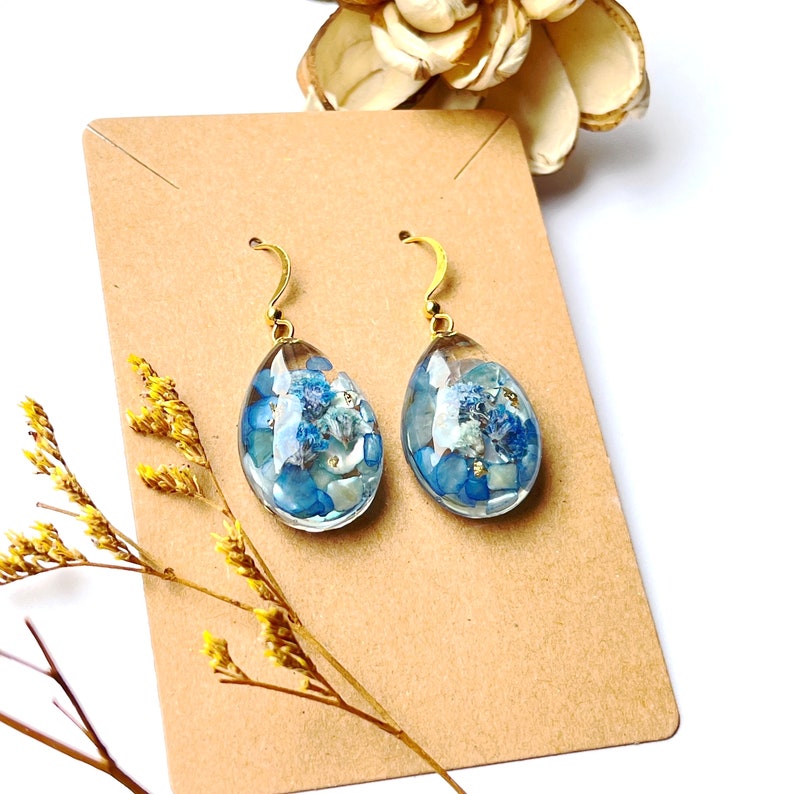 Handmade Pressed Blue Flower Earrings: 14k Gold Resin Teardrop