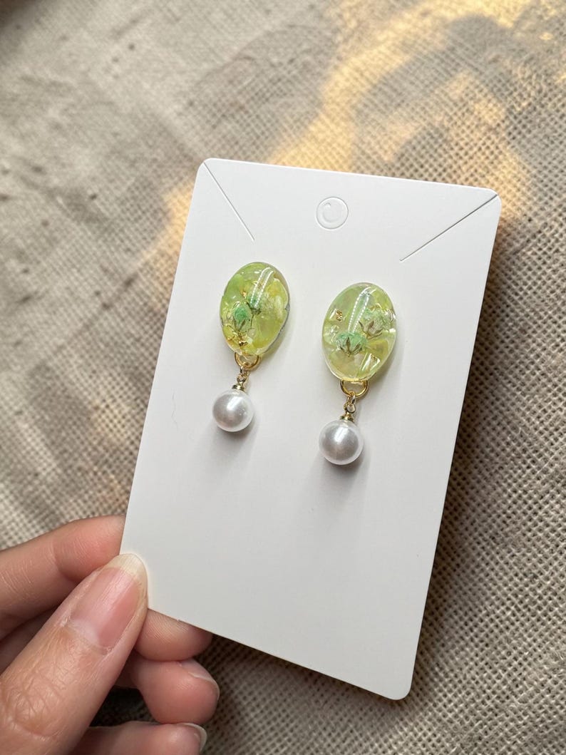 Handmade Green Floral Resin Earrings with Pearl Drop | 14K Gold Plated Studs | Botanical Jewelry | Spring Earrings