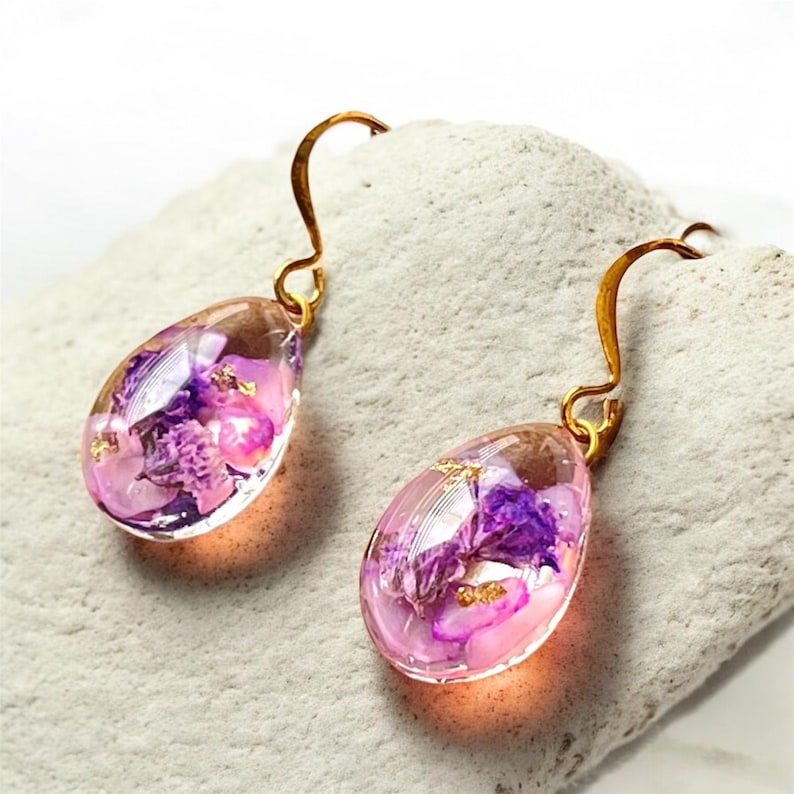 Handmade Teardrop Resin Earrings: Pressed Dried Flowers, 14k Plated
