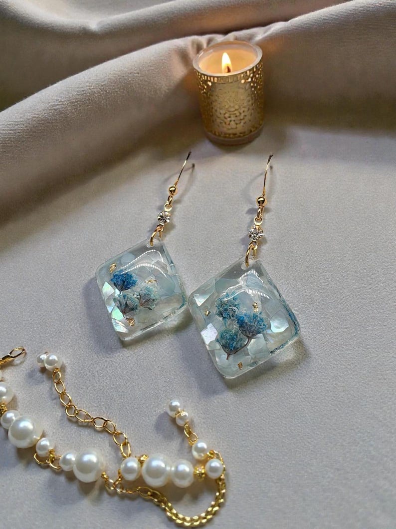 Blue Pressed Flower Resin Dangle Earrings – Handmade Botanical Gift for Her, 14k Gold Plated Hooks, Nature Jewelry