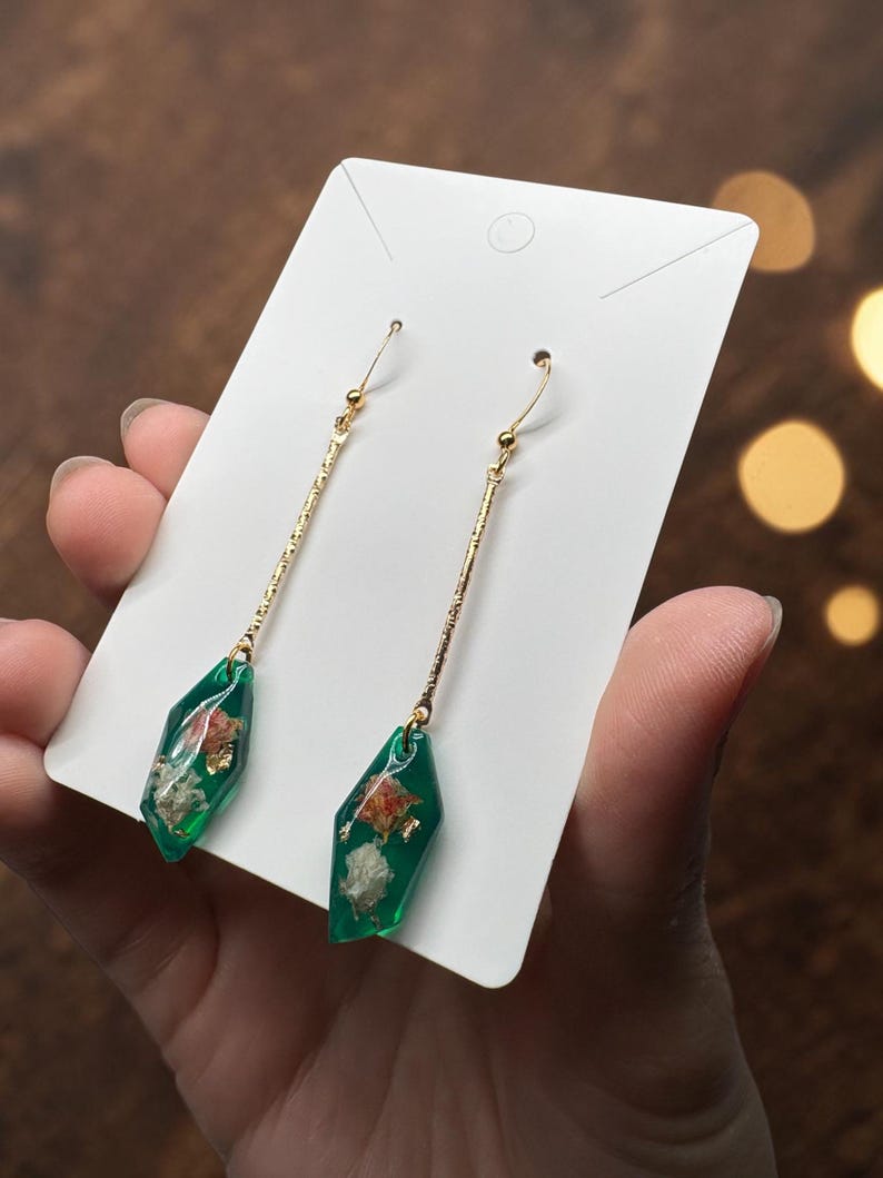 Emerald Green Resin Earrings: Handmade Dried Flower Dangle Earrings