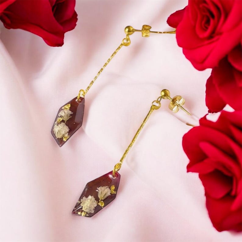 Handmade Burgundy Resin Dangle Earrings: Dried Flower Jewelry