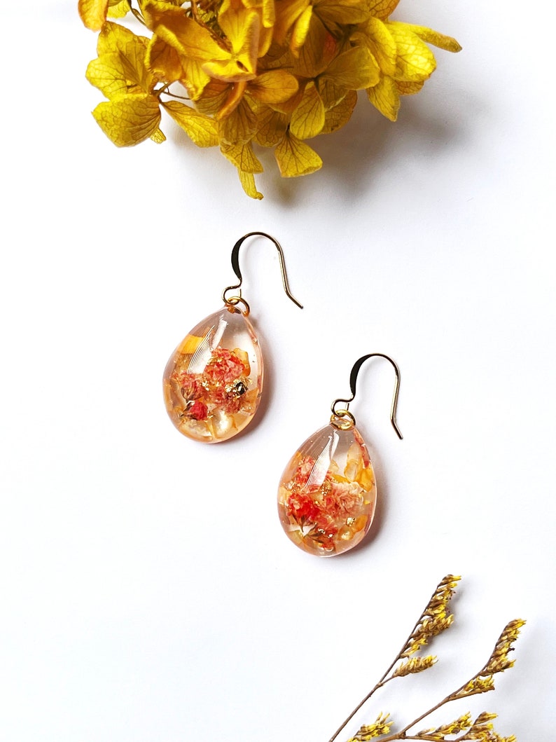 Handmade orange Pressed Flower Resin Earrings: 14k Plated Dangle Drop