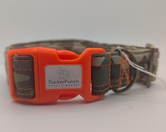 Woodland Camo cotton dog collar 15" - 25" adjustable neon orange hardware and stitching 1.25" wide xlarge