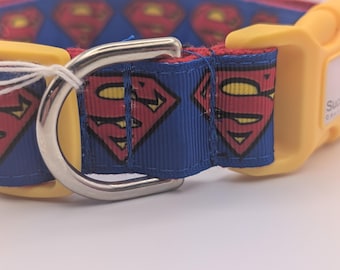 Man of steel logo dog collar 1" wide 14.25" - 22.5" adjustable yellow hardware