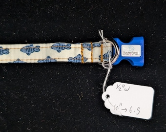 One Fish Blue Fish cat or dog collar 6.5" - 10" adjustable blue hardware, 1/2" wide NON BREAK AWAY