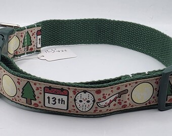 Friday the 13th Jason inspired dog collar 13.5" - 22" adjustable green solid hardware