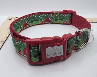 Christmas Grinch dog collar 16" - 26" adjustable red solid hardware