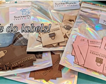 Custom Faux Leather Sew in or Rivet Tags for bags, clothing, and more