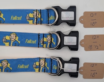Fallout Vault Boy on blue - inspired dog collar 12" - 18" adjustable on yellow cotton webbing black buckle