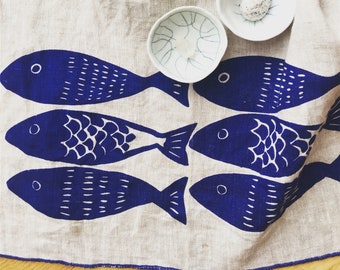 Linen Tea Towel: Scandinavian Sardines Blue Fish Print