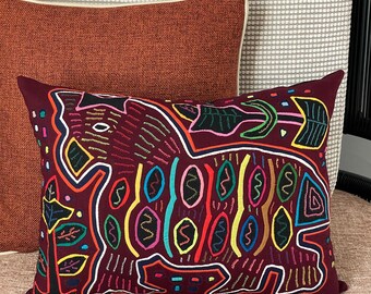 Hand Sewn Fancy Horse Mola Pillow: Kuna Indian Art, Abstract Design