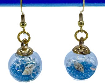 Ocean Blue Crystal Dangle Globe Earrings with Real Seashells & Gold Earwires