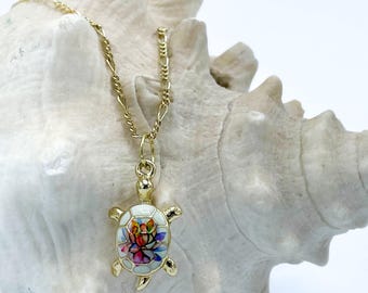 Charming White Porcelain Turtle with Hand-Painted Flowers on Gold-Filled Necklace