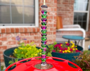 Beaded Hummingbird Feeder, Purple and Green Lampwork Beads, Outdoor Garden Decor