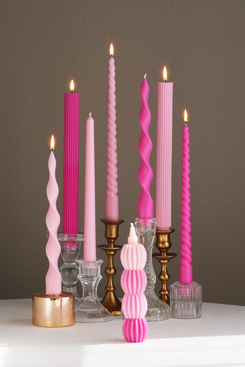 Handmade Pink Taper Candle Collection: Soy & Beeswax, Unscented, Twisted Ribbed Candle