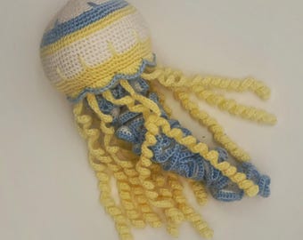 Blue and Yellow Jellyfish Crochet Plush - Ocean Theme Amigurumi Gift, Handmade Toy Animal