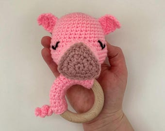 Crochet Pig Rattle Teething Ring: Beech Wood Baby Toy