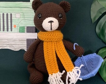 Cozy Brown Bear Plush, Handcrafted Toy with Scarf and Umbrella, Woodland Decor