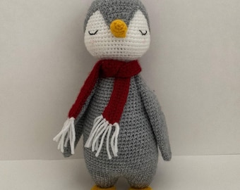 Handmade Crochet Penguin Plush: Amigurumi Toy with Red Scarf