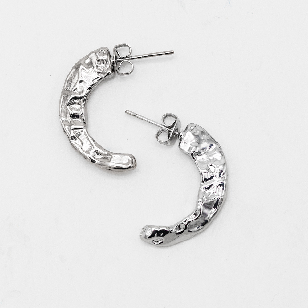 Textured Crescent Hoop Earrings, Rhodium Plated Brass, Minimalist Statement Jewelry