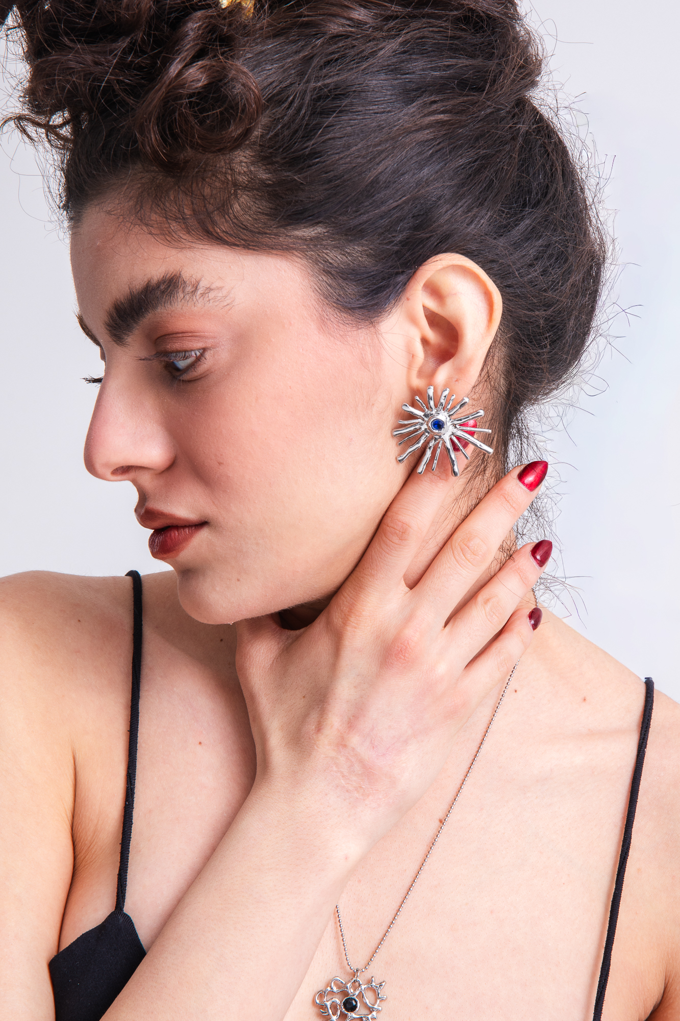 Rhodium Plated Brass Sunburst Earrings, Blue Crystal Celestial Studs
