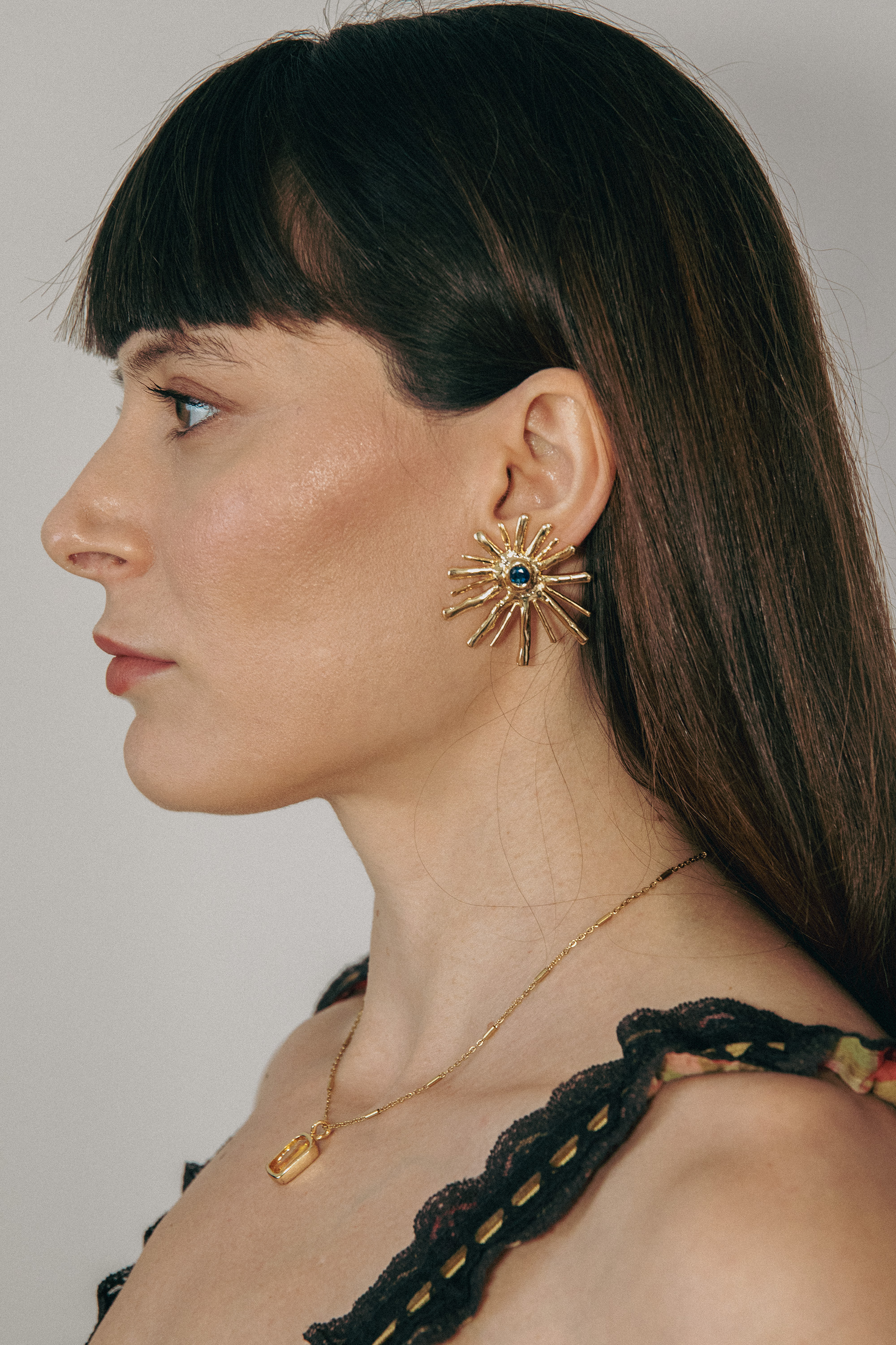 Gold Plated Brass Sunburst Earrings, Blue Crystal Celestial Studs