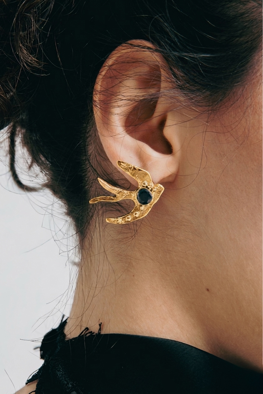 Gold Plated Brass Swallow Stud Earrings, Crystal Bird Jewelry, Nature Inspired