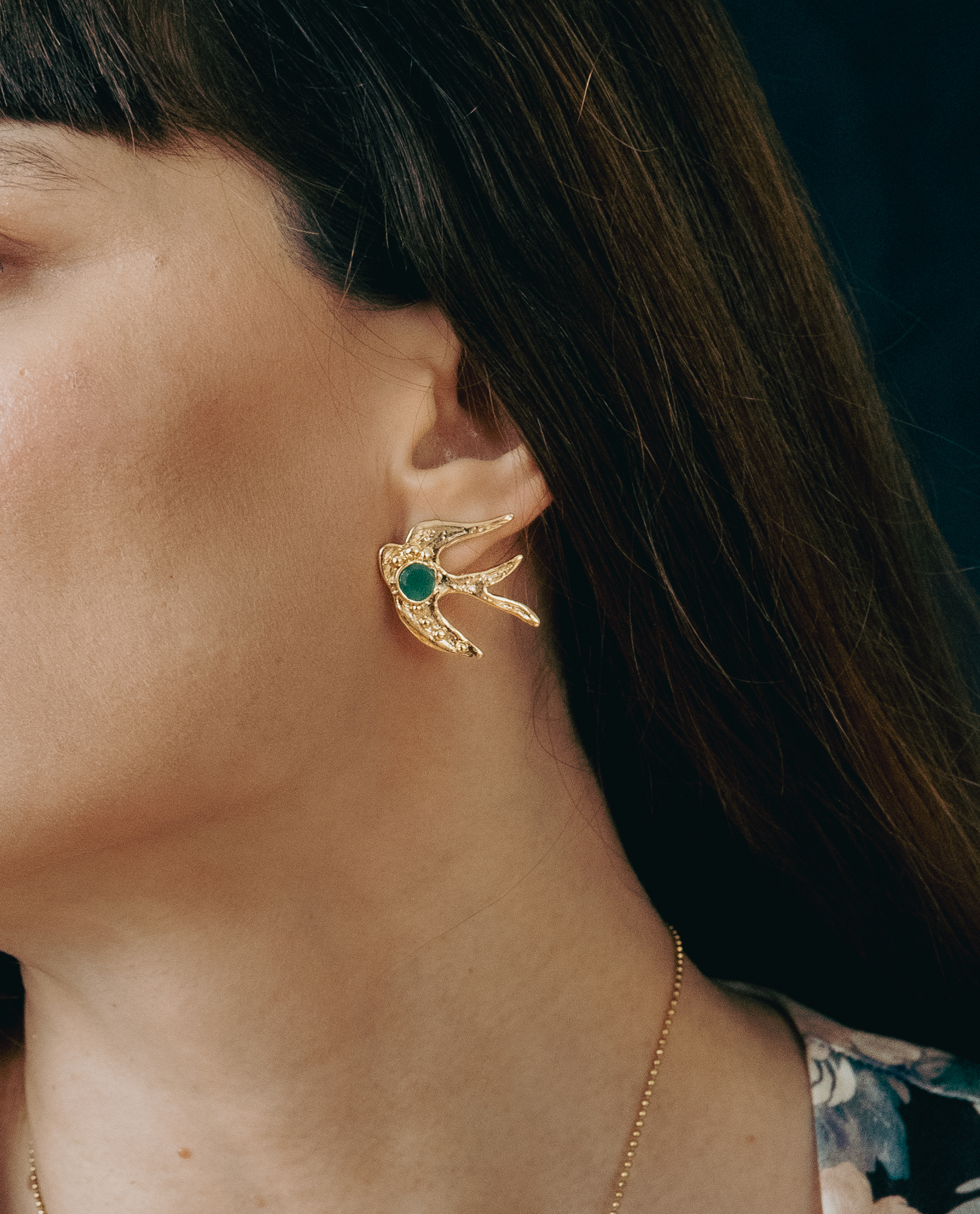 Gold Plated Brass Swallow Stud Earrings, Green Crystal Bird Jewelry, Nature Inspired