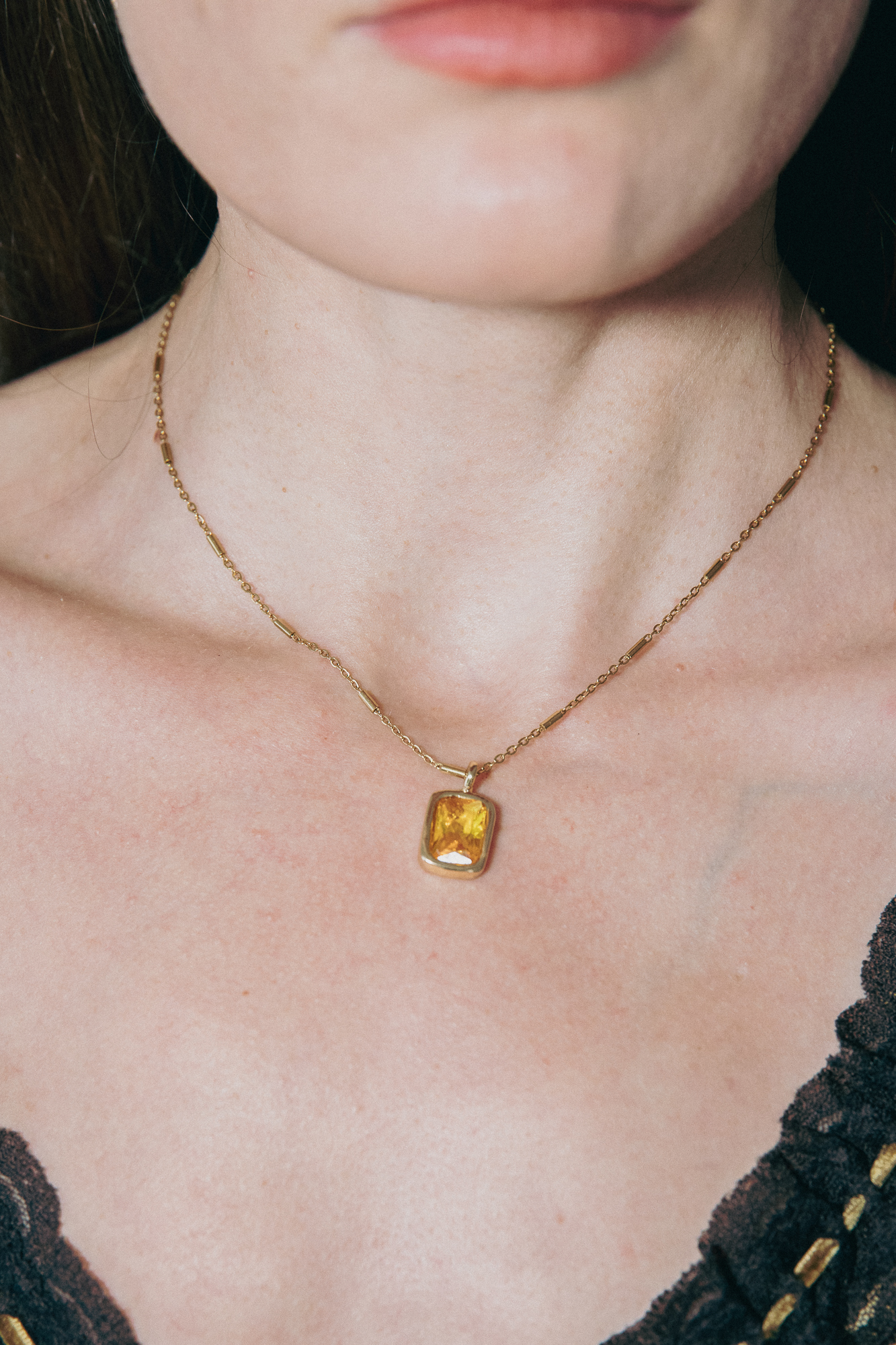 Yellow Crystal Pendant Necklace, Gold Plated Brass, Rectangular Minimalist Charm