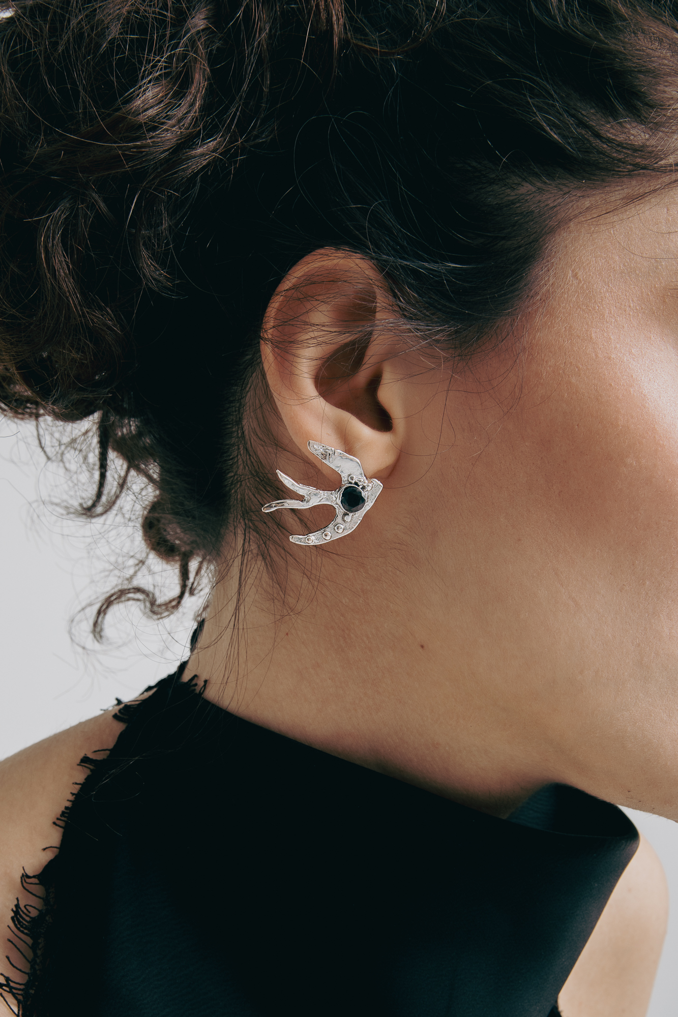 Rhodium Plated Brass Swallow Stud Earrings, Black Crystal Bird Jewelry, Nature Inspired
