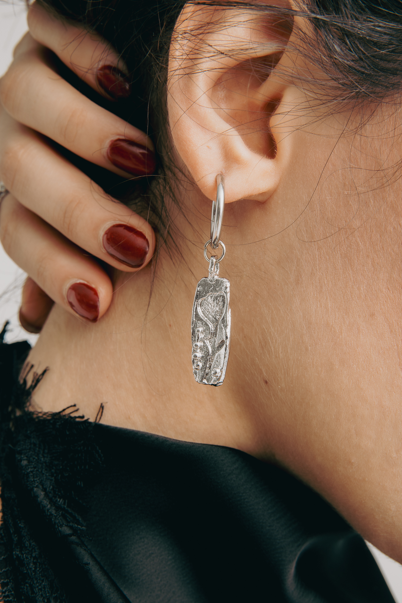 Floral Textured Rectangle Drop Earrings, Rhodium Plated Brass, Modern Statement Jewelry
